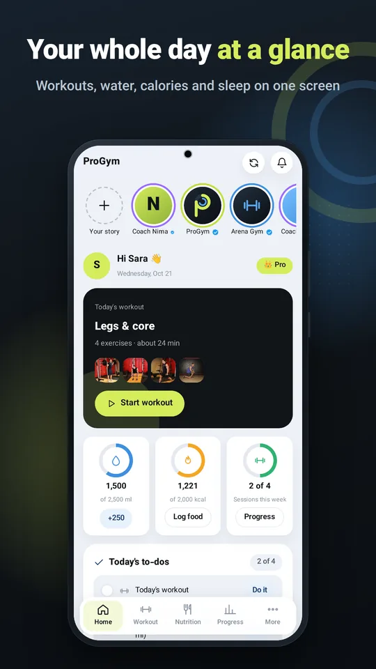 Your whole day at a glance — workouts, water, calories and sleep on one screen