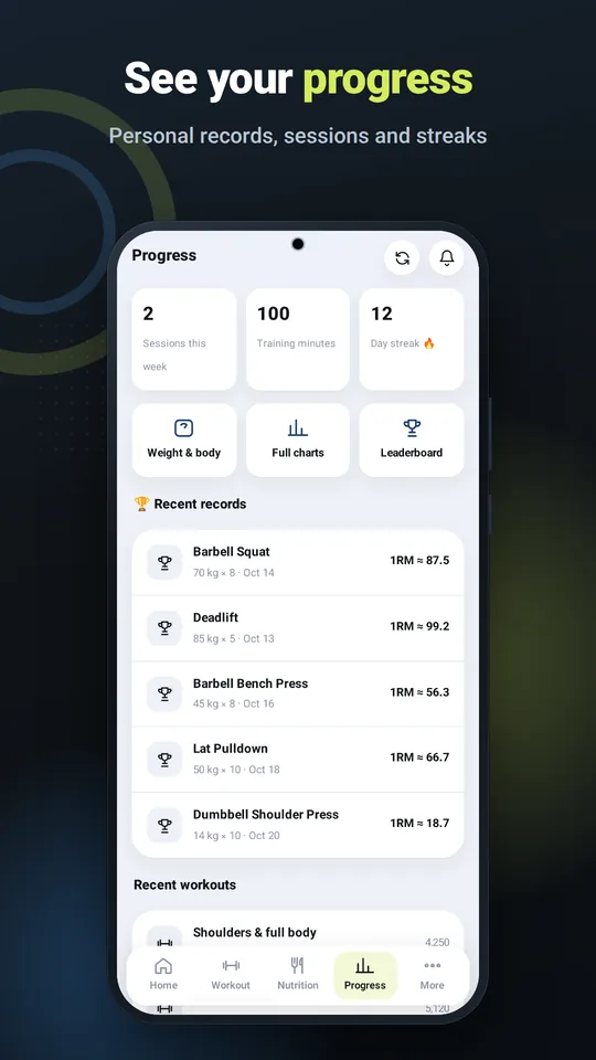 See your progress — personal records, sessions and streaks