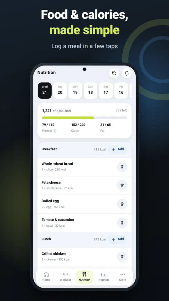 Food and calories, made simple — log a meal in a few taps