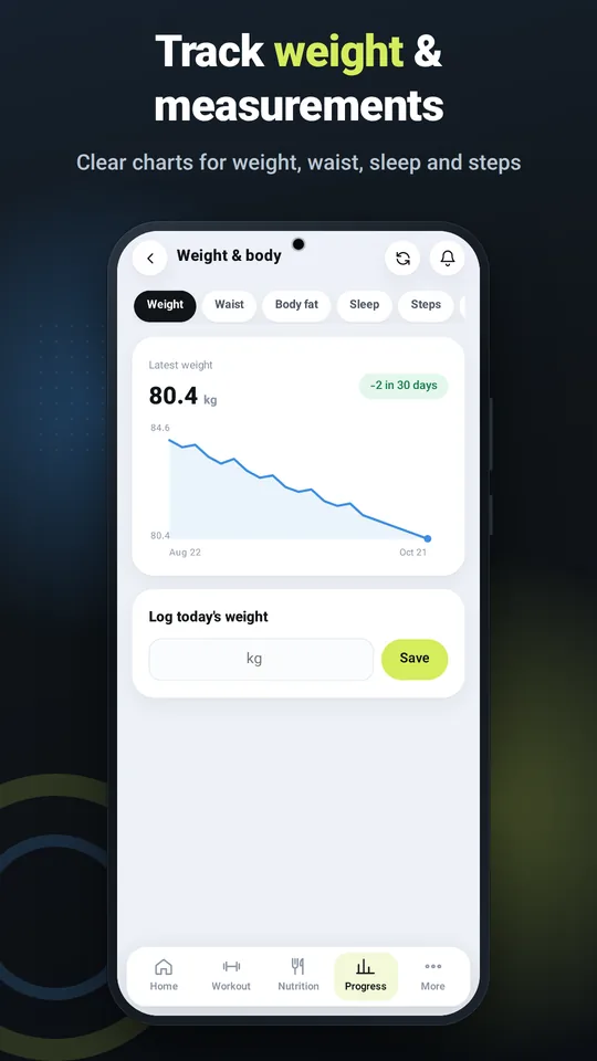 Track weight and measurements — clear charts for weight, waist, sleep and steps