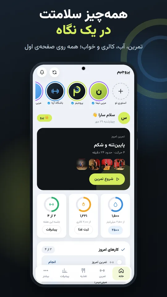 همهچیز سلامتت در یک نگاه — تمرین، آب، کالری و خواب؛ همه روی صفحهی اول